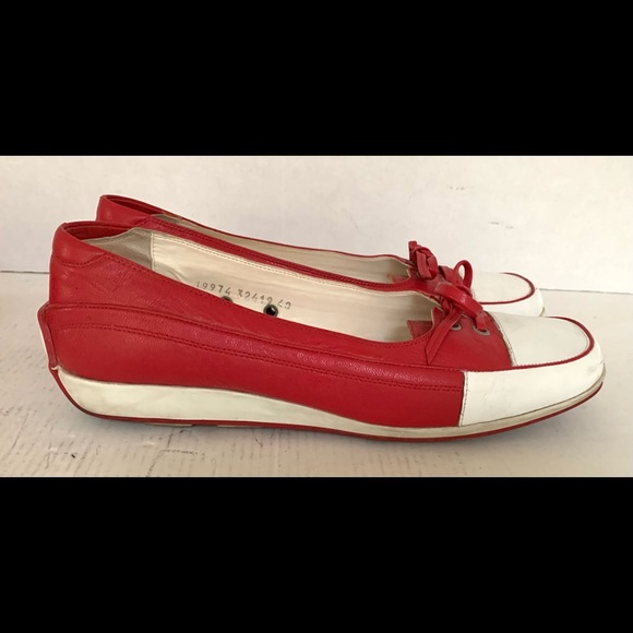 Red real leather comfortable no-slip walking shoes white cap toe cute tie bow 40 - Picture 6 of 10